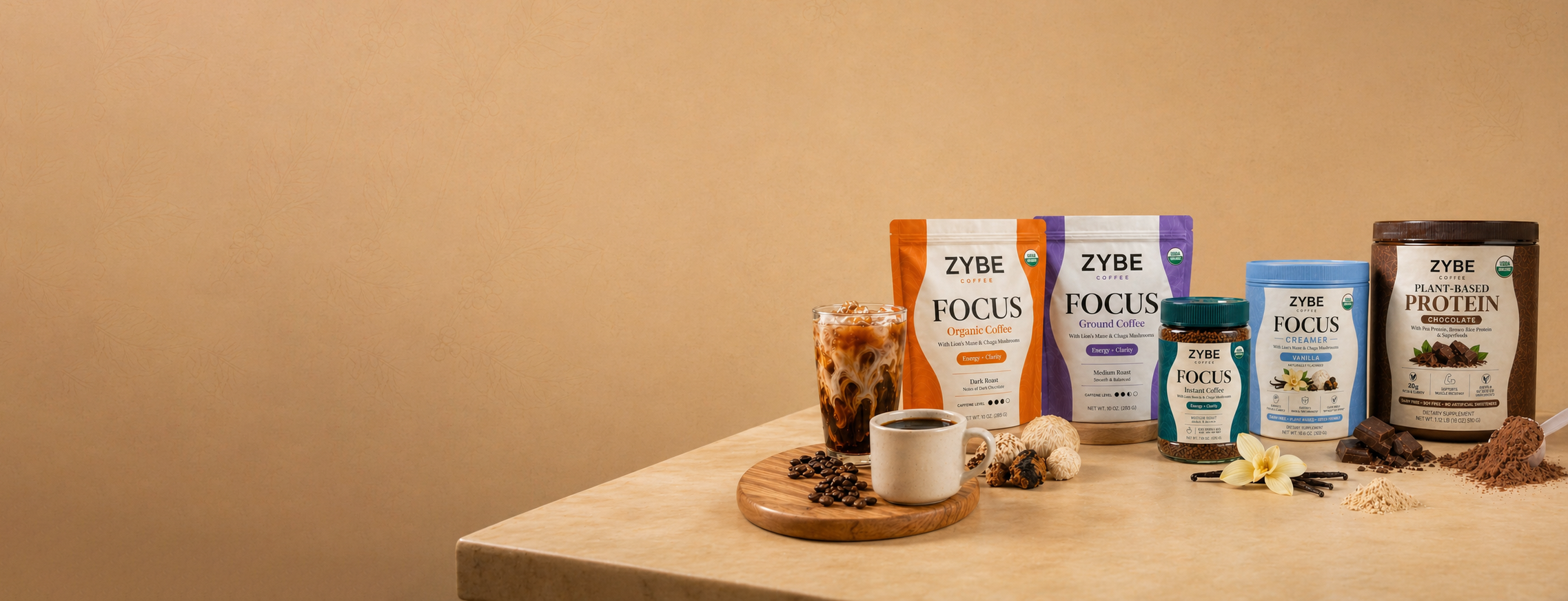 ZYBE Coffee product lineup — Focus Organic Coffee, Ground Coffee, Instant Coffee, Focus Creamer, and Plant-Based Protein